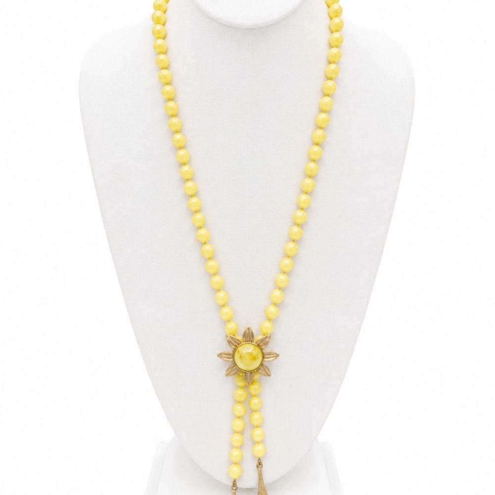 Yellow Beaded Flower Lariat Y-Necklace Gold-Tone Tassel Drops